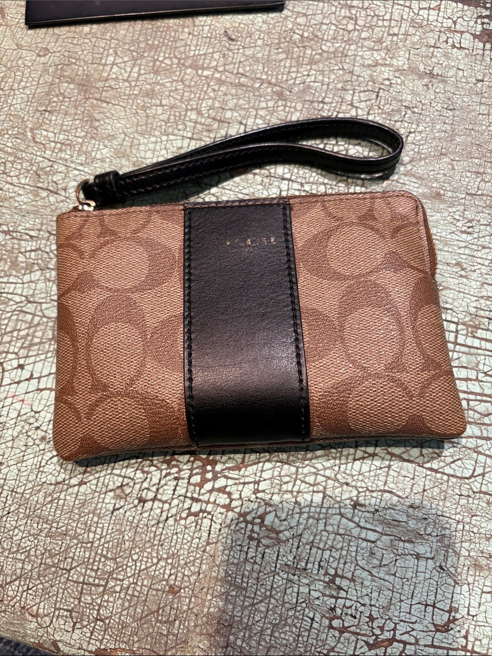 Coach Signature Canvas Black Leather Stripe Zip Wristlet Wallet - Picture 2 of 6